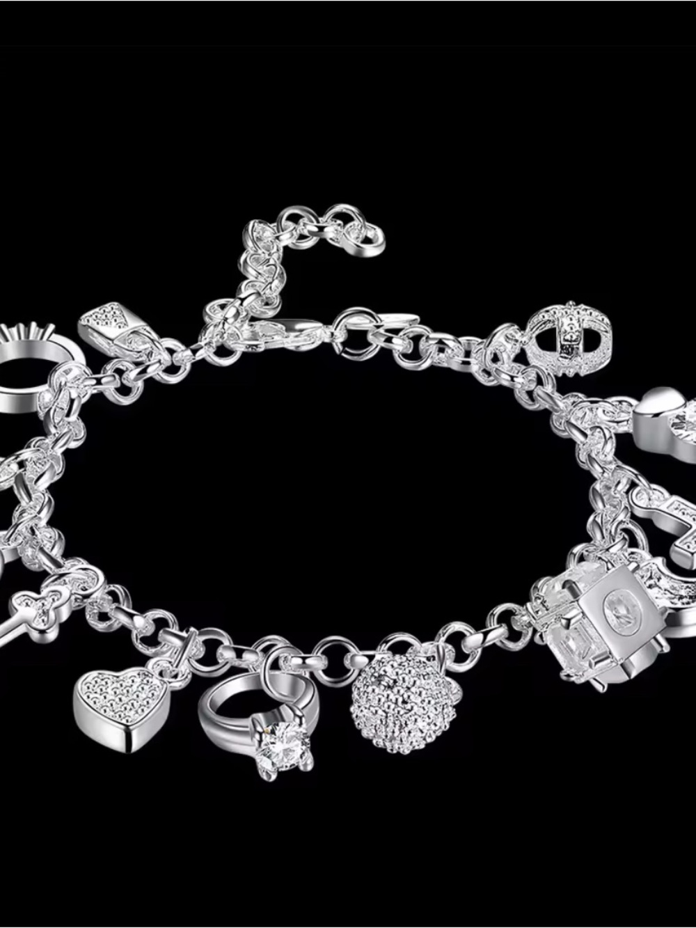 Sterling Silver Charm Bracelet with Heart, Ring and Crystal Charms - Silver